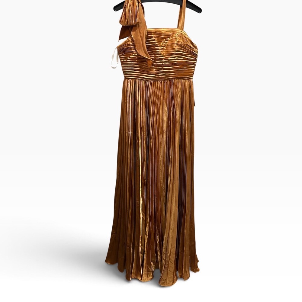 Wear Your Love Metallic Bronze Pleated Maxi Dress Lace Up Back Bow Detail Size 4